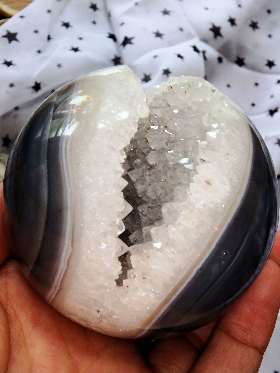 Incredible White Druzy Quartz & Blue Agate Geode Sphere Includes Fossil Stand - Earth Family Crystals
