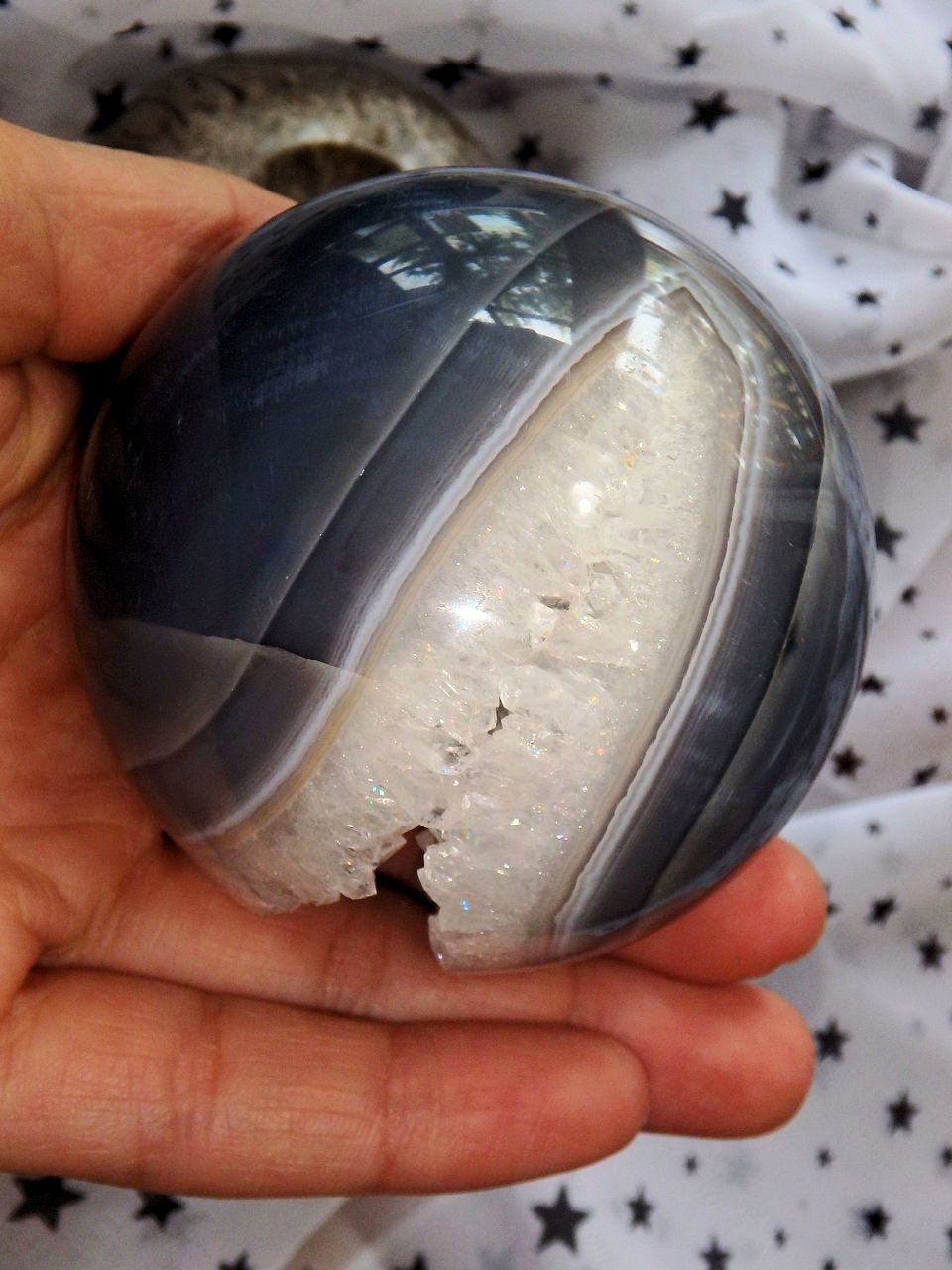 Incredible White Druzy Quartz & Blue Agate Geode Sphere Includes Fossil Stand - Earth Family Crystals