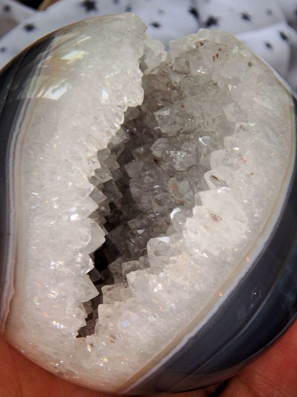 Incredible White Druzy Quartz & Blue Agate Geode Sphere Includes Fossil Stand - Earth Family Crystals