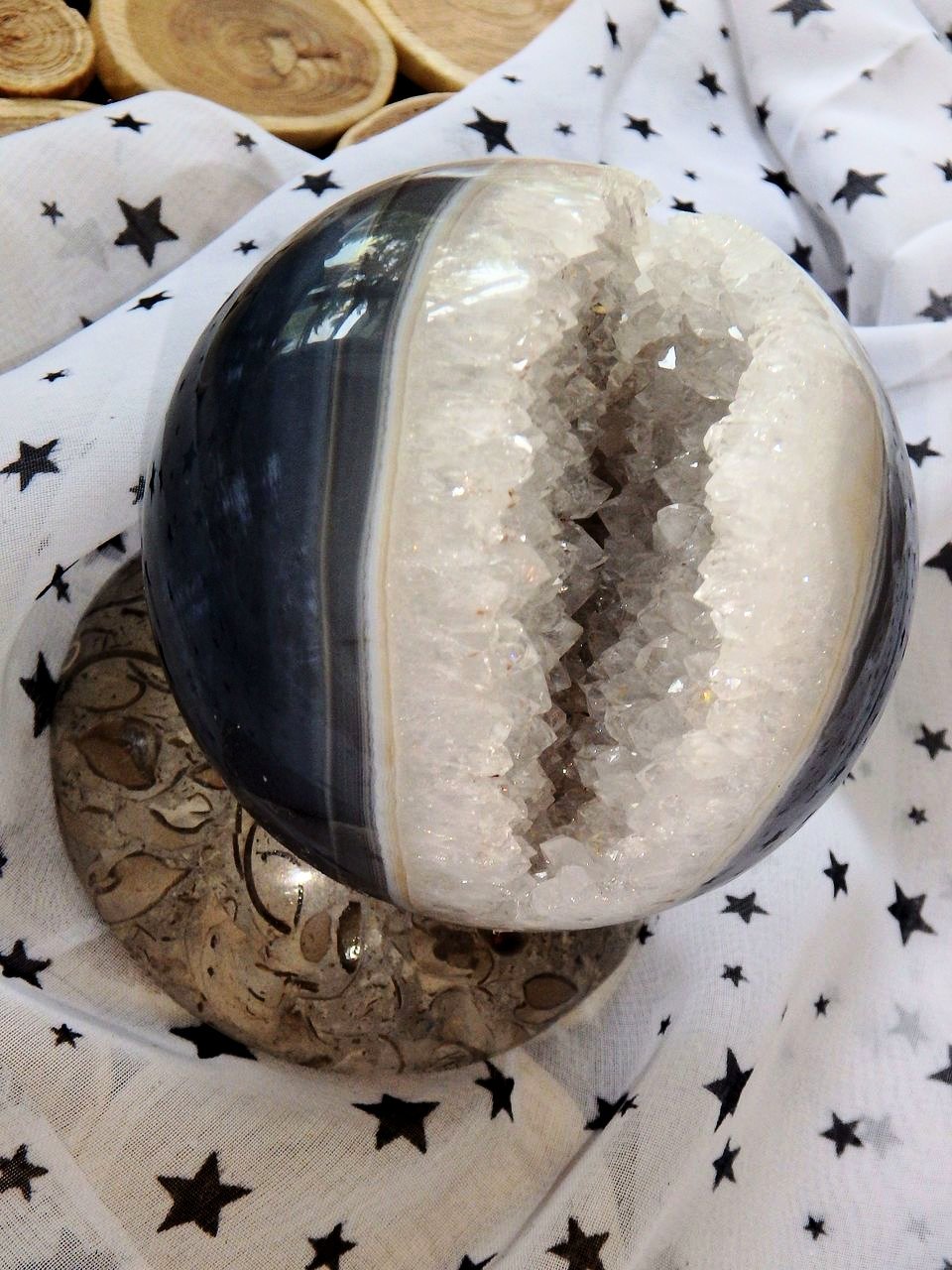 Incredible White Druzy Quartz & Blue Agate Geode Sphere Includes Fossil Stand - Earth Family Crystals