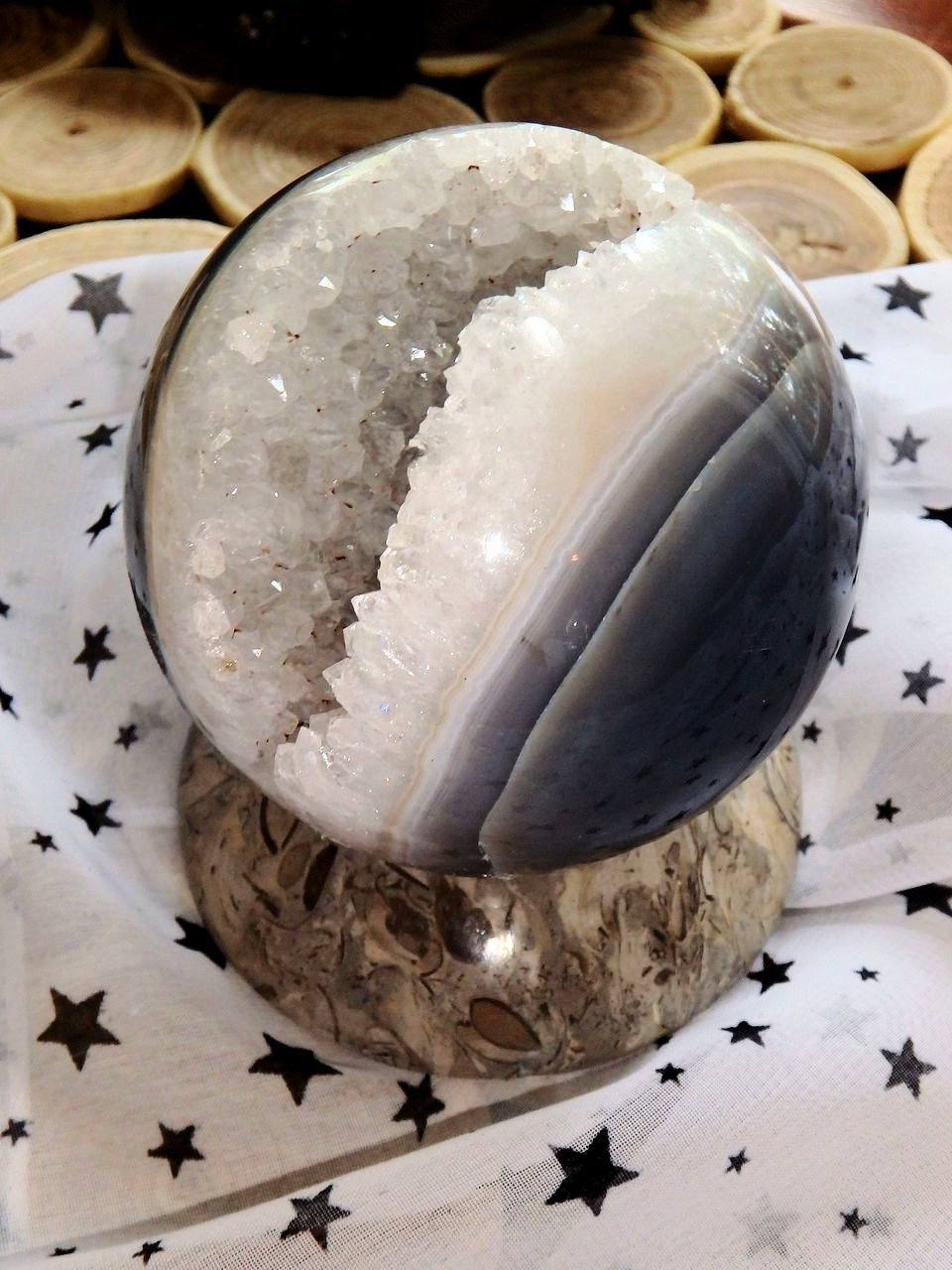 Incredible White Druzy Quartz & Blue Agate Geode Sphere Includes Fossil Stand - Earth Family Crystals