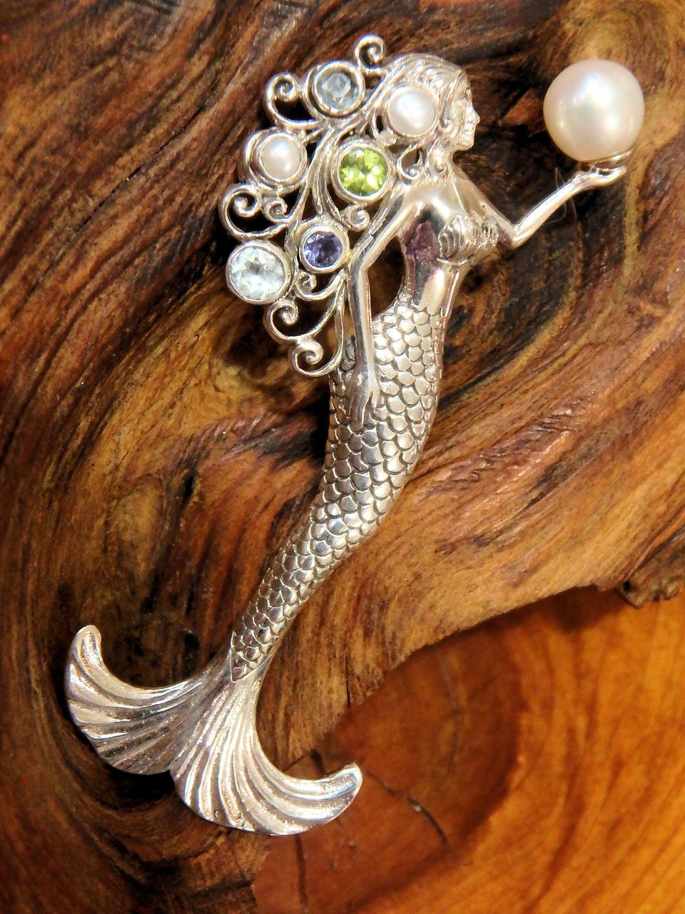 Gorgeous Mermaid Holding Freshwater Pearl & Faceted Peridot, Blue Topaz & Iolite Pendant in Sterling Silver (Includes Silver Chain) - Earth Family Crystals
