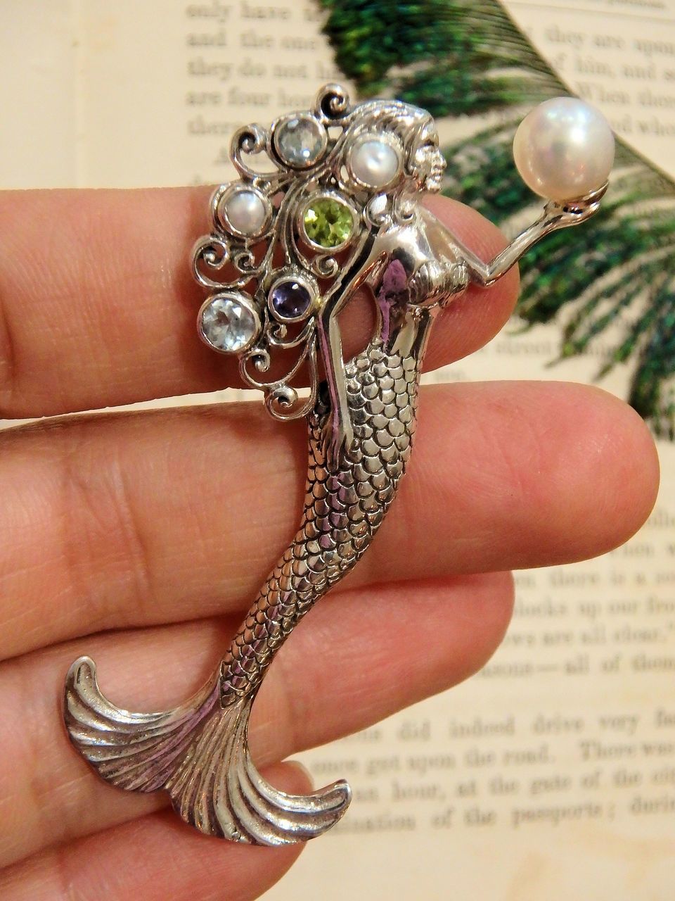 Gorgeous Mermaid Holding Freshwater Pearl & Faceted Peridot, Blue Topaz & Iolite Pendant in Sterling Silver (Includes Silver Chain) - Earth Family Crystals
