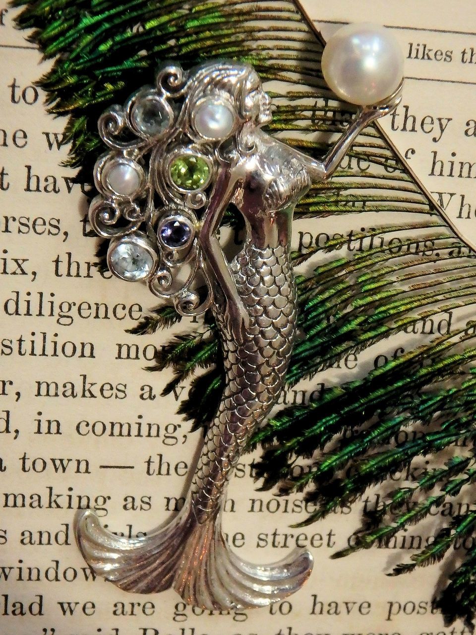 Gorgeous Mermaid Holding Freshwater Pearl & Faceted Peridot, Blue Topaz & Iolite Pendant in Sterling Silver (Includes Silver Chain) - Earth Family Crystals