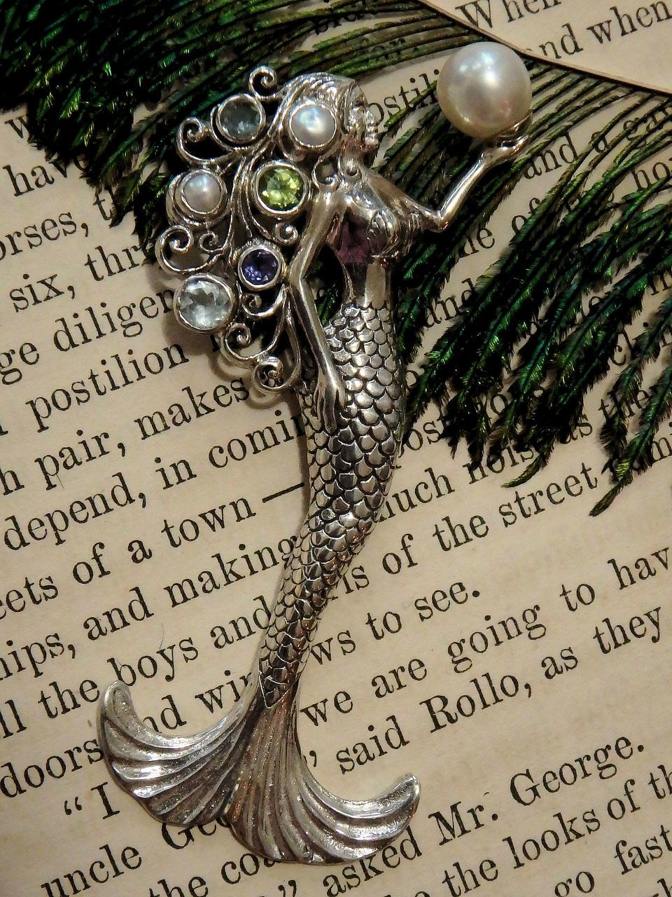 Gorgeous Mermaid Holding Freshwater Pearl & Faceted Peridot, Blue Topaz & Iolite Pendant in Sterling Silver (Includes Silver Chain) - Earth Family Crystals