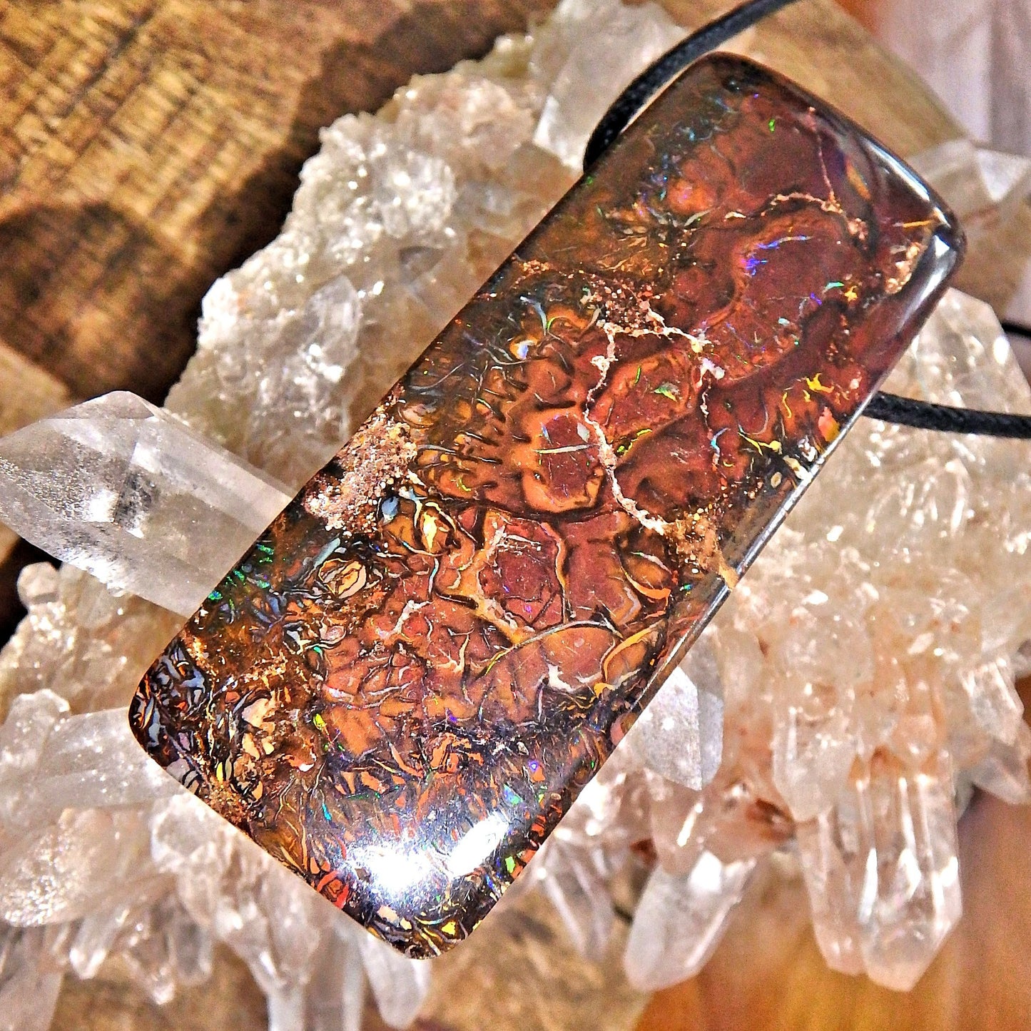 Large Chunky Boulder Opal With Intense Sparkling Flashes of Color Pendant on Adjustable Cotton Cord