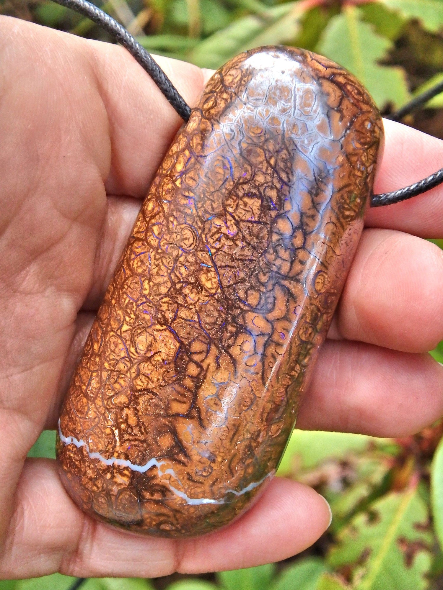  Chunky Long Boulder Opal Stone Necklace With Purple Veins of Flash on Adjustable Cotton Cord