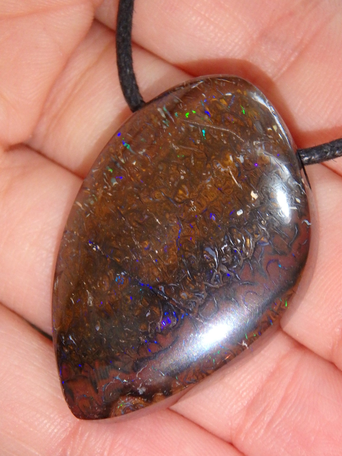 Intense Purple & Green Sparkle Flash Australian Boulder Opal on Adjustable Cotton Cord - Earth Family Crystals