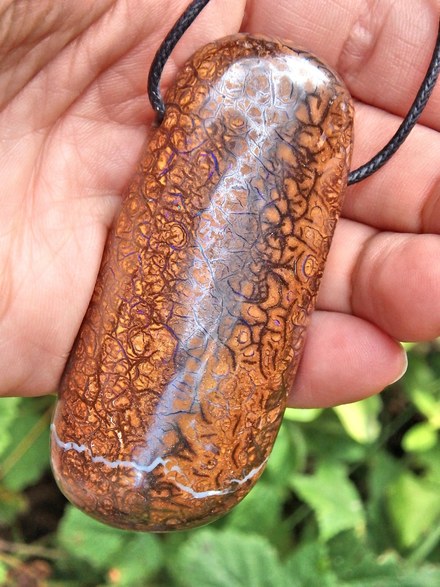  Chunky Long Boulder Opal Stone Necklace With Purple Veins of Flash on Adjustable Cotton Cord