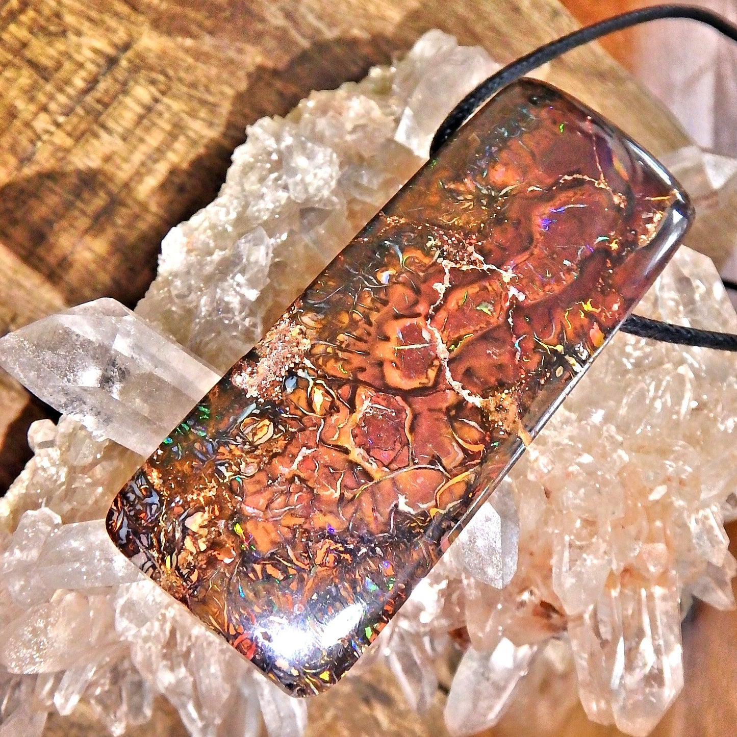 Large Chunky Boulder Opal With Intense Sparkling Flashes of Color Pendant on Adjustable Cotton Cord