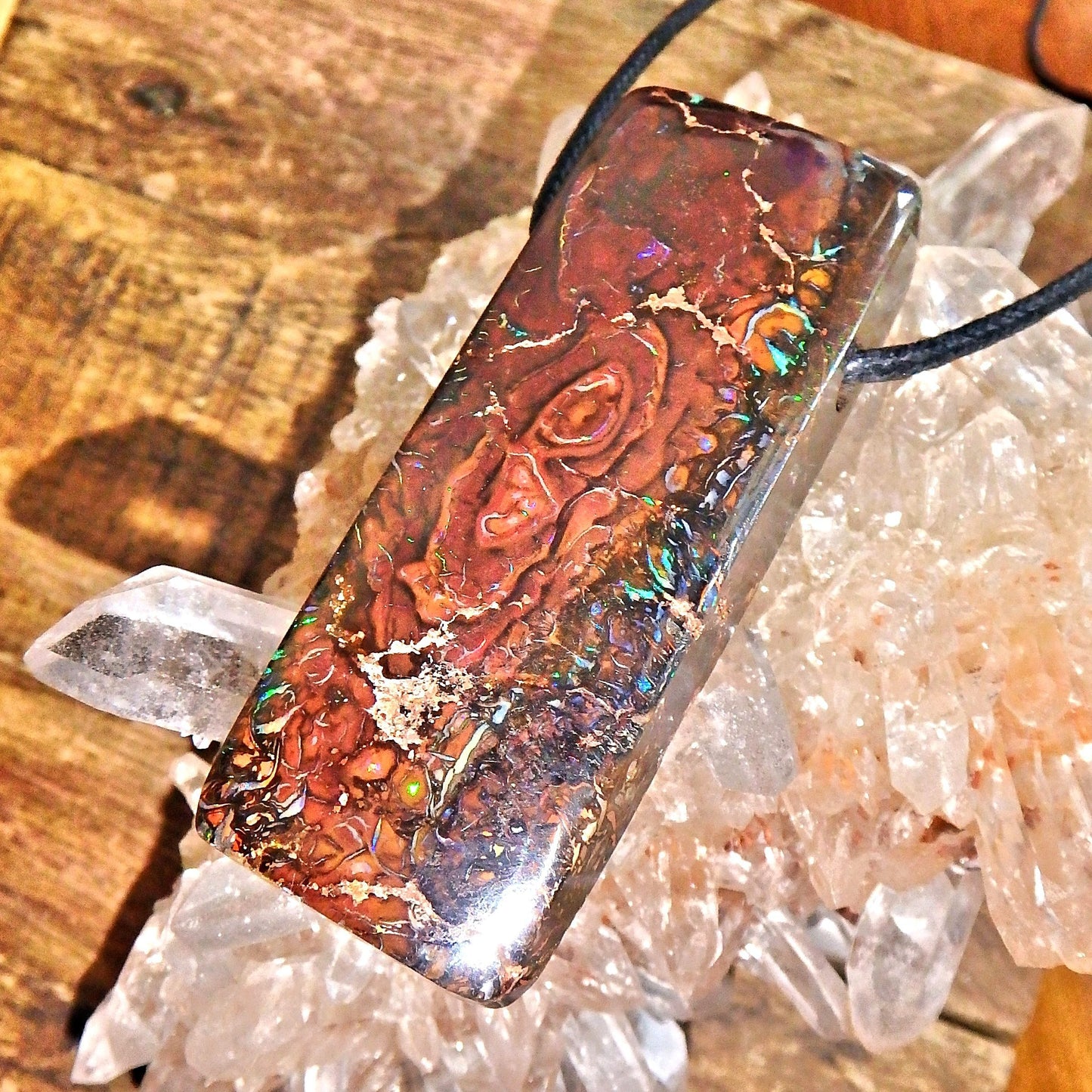 Large Chunky Boulder Opal With Intense Sparkling Flashes of Color Pendant on Adjustable Cotton Cord