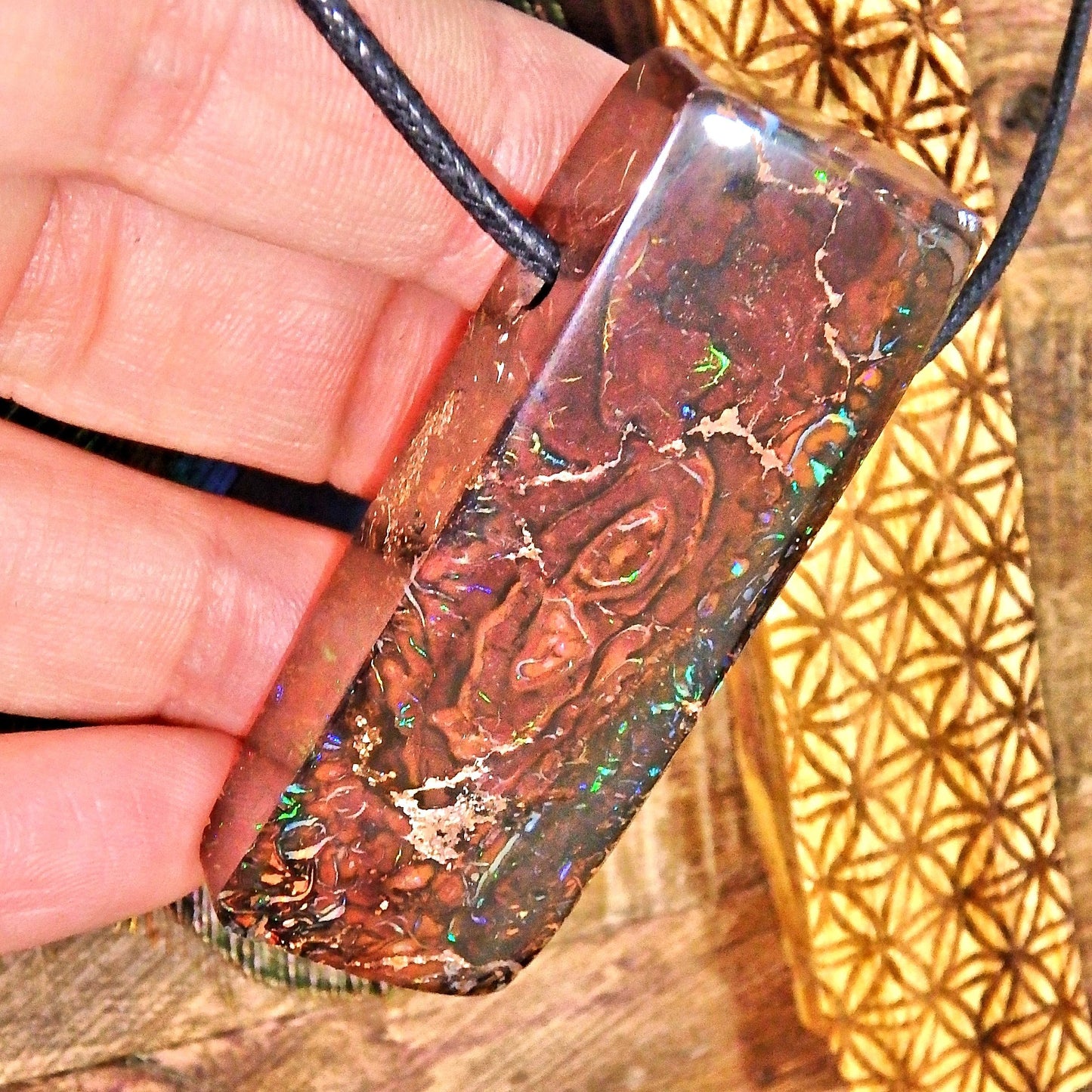 Large Chunky Boulder Opal With Intense Sparkling Flashes of Color Pendant on Adjustable Cotton Cord