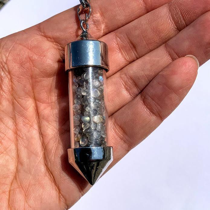  3 in 1 Rainbow Labradorite Crystal Chips Point Pendulum With Detachable Chakra Bead Chain (Use as a  Pendant, Bracelet & Pendulum)