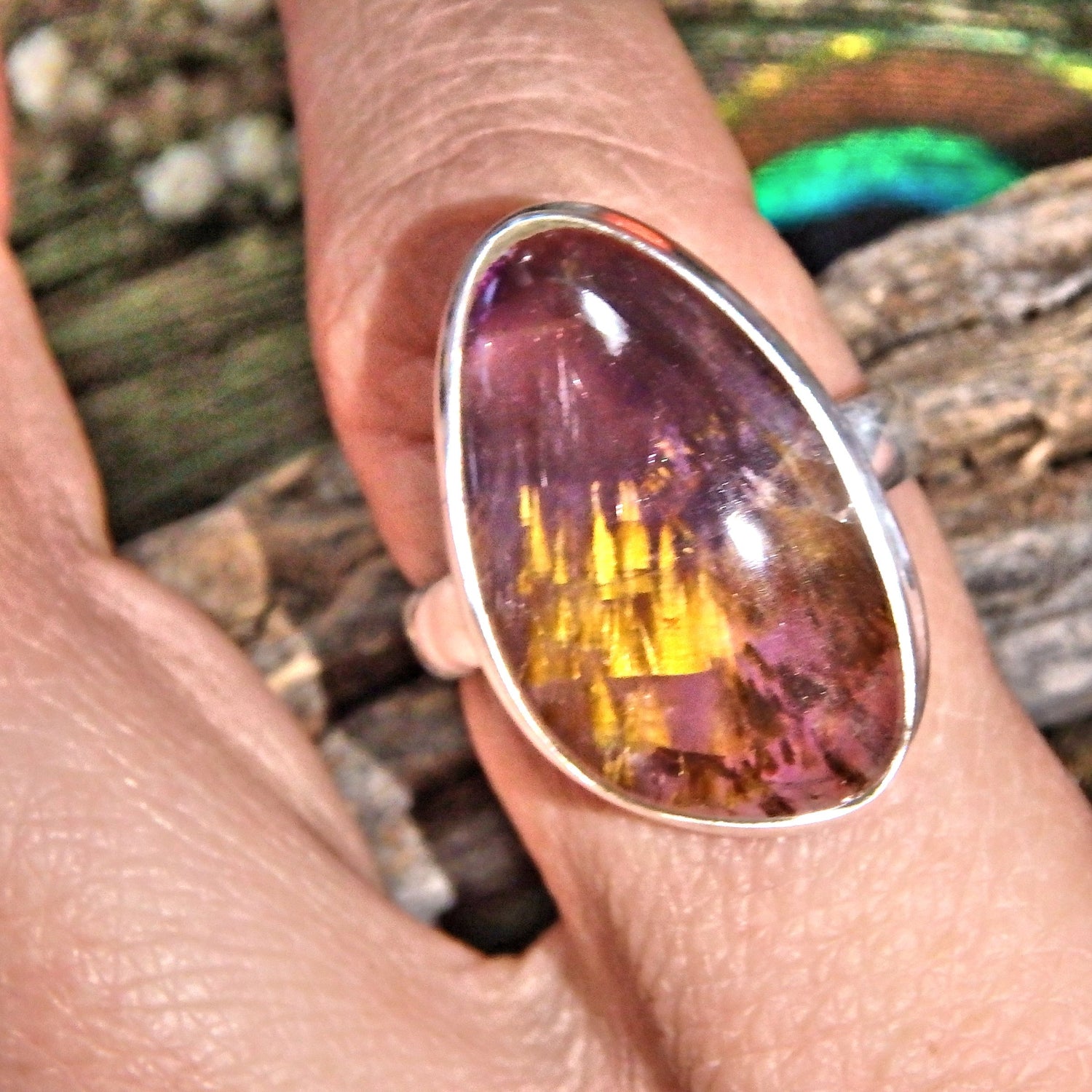 Incredible Golden & Purple Cacoxenite Gemstone Ring in Sterling Silver (Size 9.5) - Earth Family Crystals