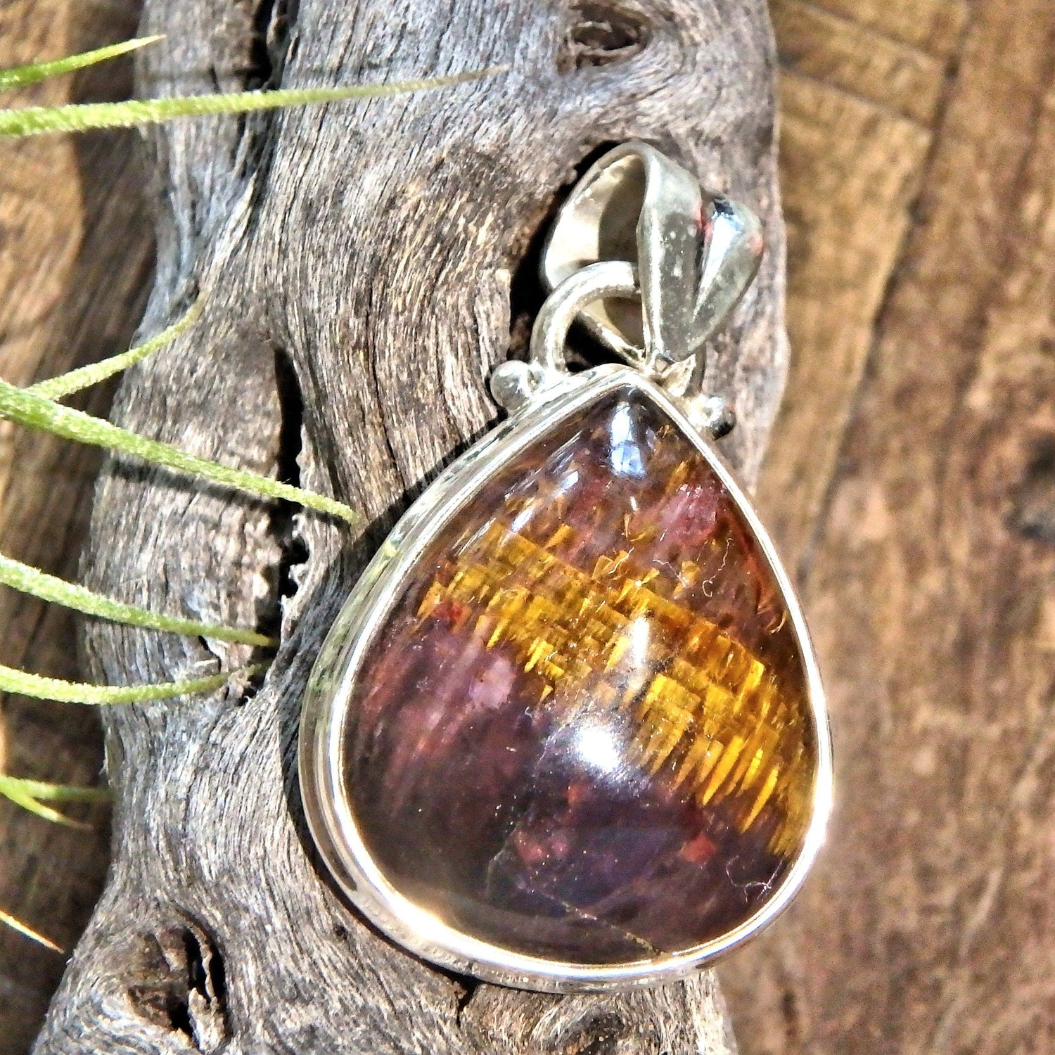  Delightful Inclusions Cacoxenite & Amethyst Gemstone Pendant in Sterling Silver (Includes Silver Chain)1