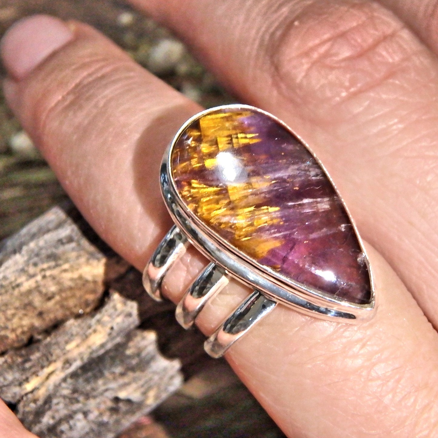 Lovely Golden & Purple Cacoxenite Gemstone Ring in Sterling Silver (Size 6) - Earth Family Crystals