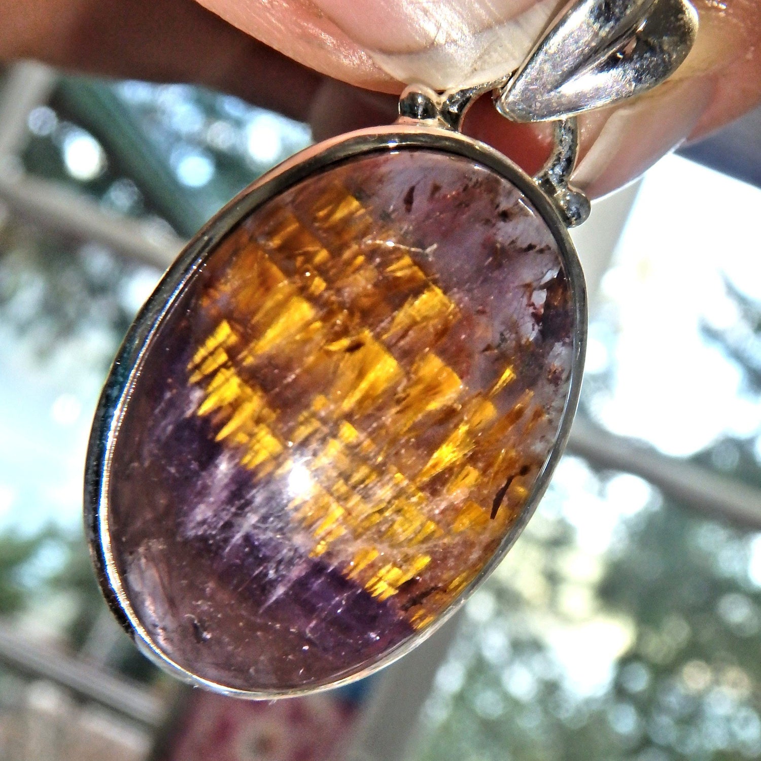  Delightful Inclusions Cacoxenite & Amethyst Gemstone Pendant in Sterling Silver (Includes Silver Chain)2