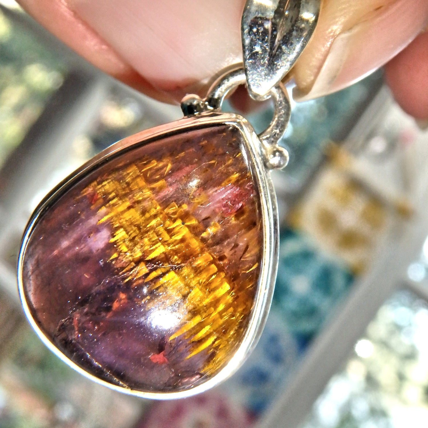  Delightful Inclusions Cacoxenite & Amethyst Gemstone Pendant in Sterling Silver (Includes Silver Chain)1