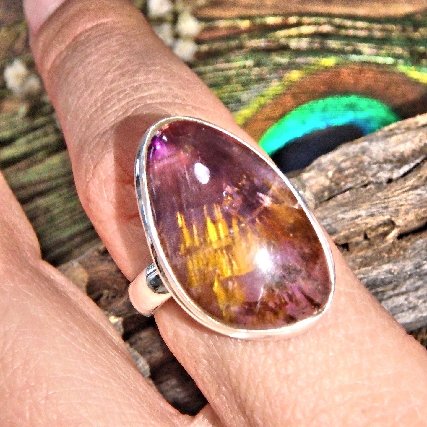 Incredible Golden & Purple Cacoxenite Gemstone Ring in Sterling Silver (Size 9.5) - Earth Family Crystals