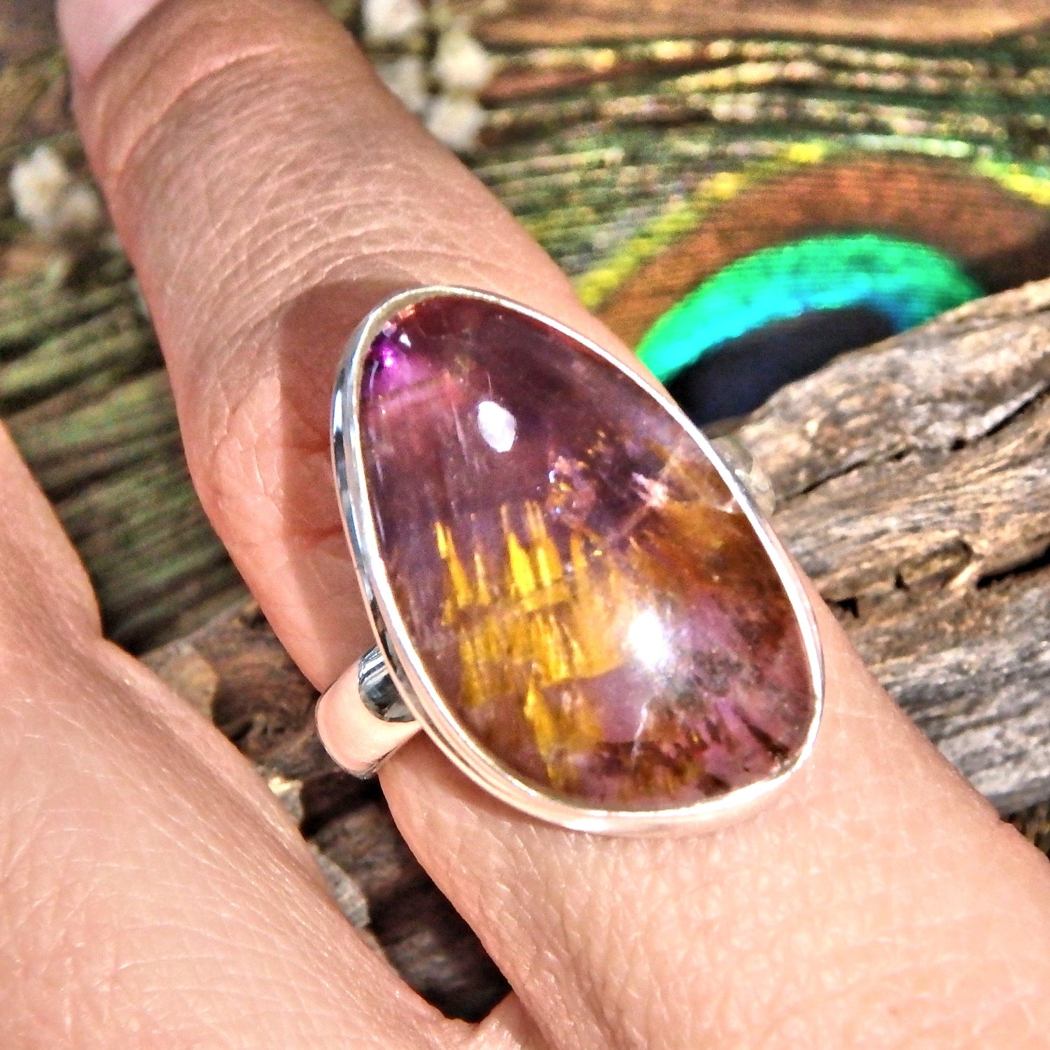 Incredible Golden & Purple Cacoxenite Gemstone Ring in Sterling Silver (Size 9.5) - Earth Family Crystals