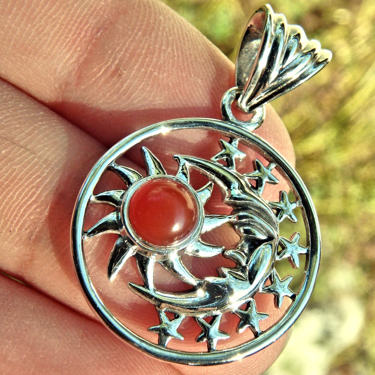  Crescent Moon Face Stars & Carnelian Sun  Pendant in Sterling Silver (Includes Silver Chain)