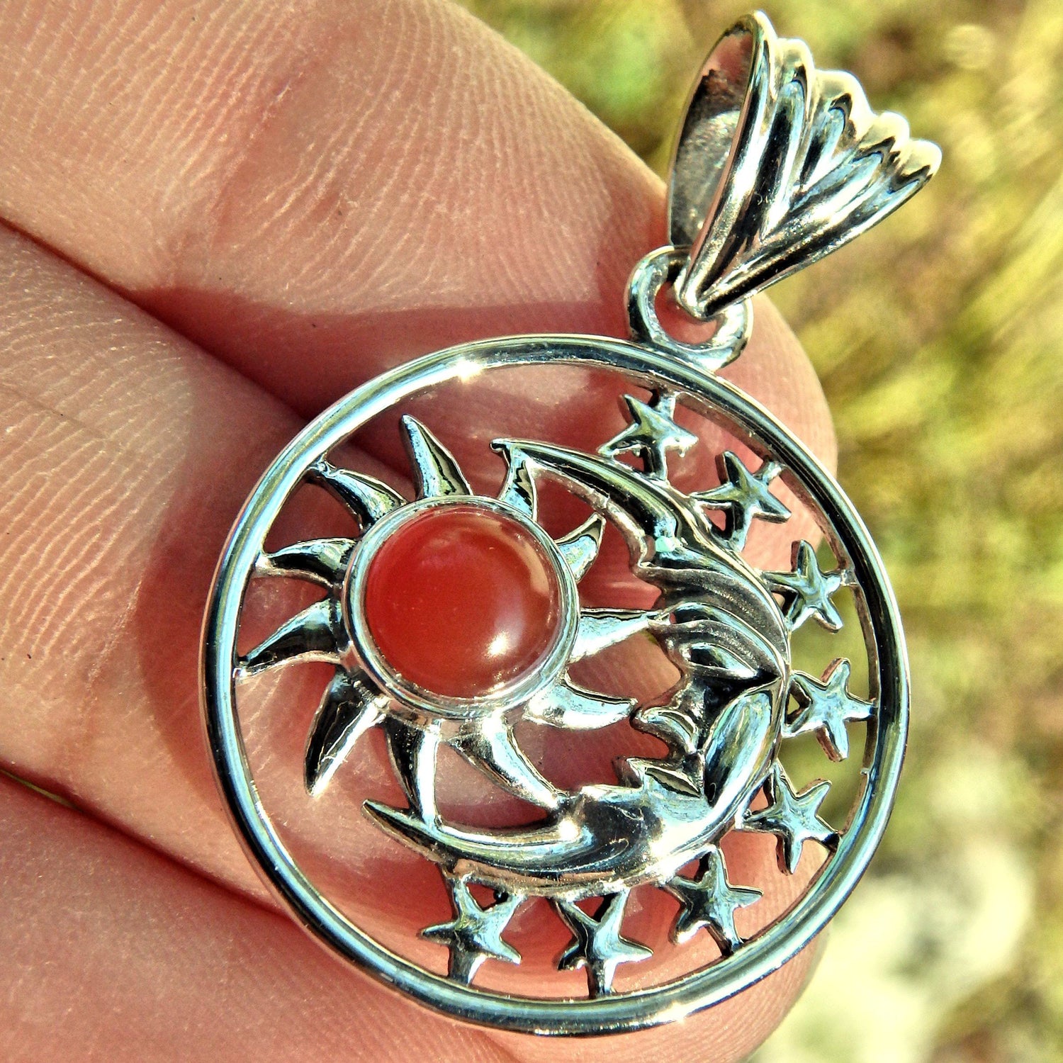  Crescent Moon Face Stars & Carnelian Sun  Pendant in Sterling Silver (Includes Silver Chain)