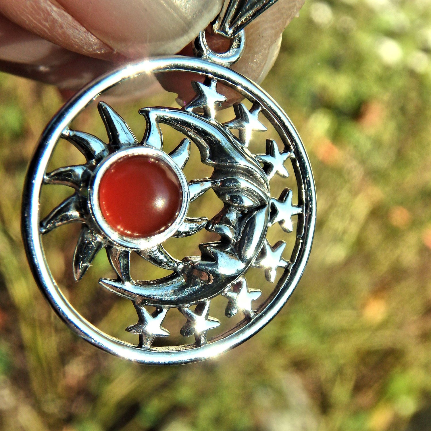  Crescent Moon Face Stars & Carnelian Sun  Pendant in Sterling Silver (Includes Silver Chain)