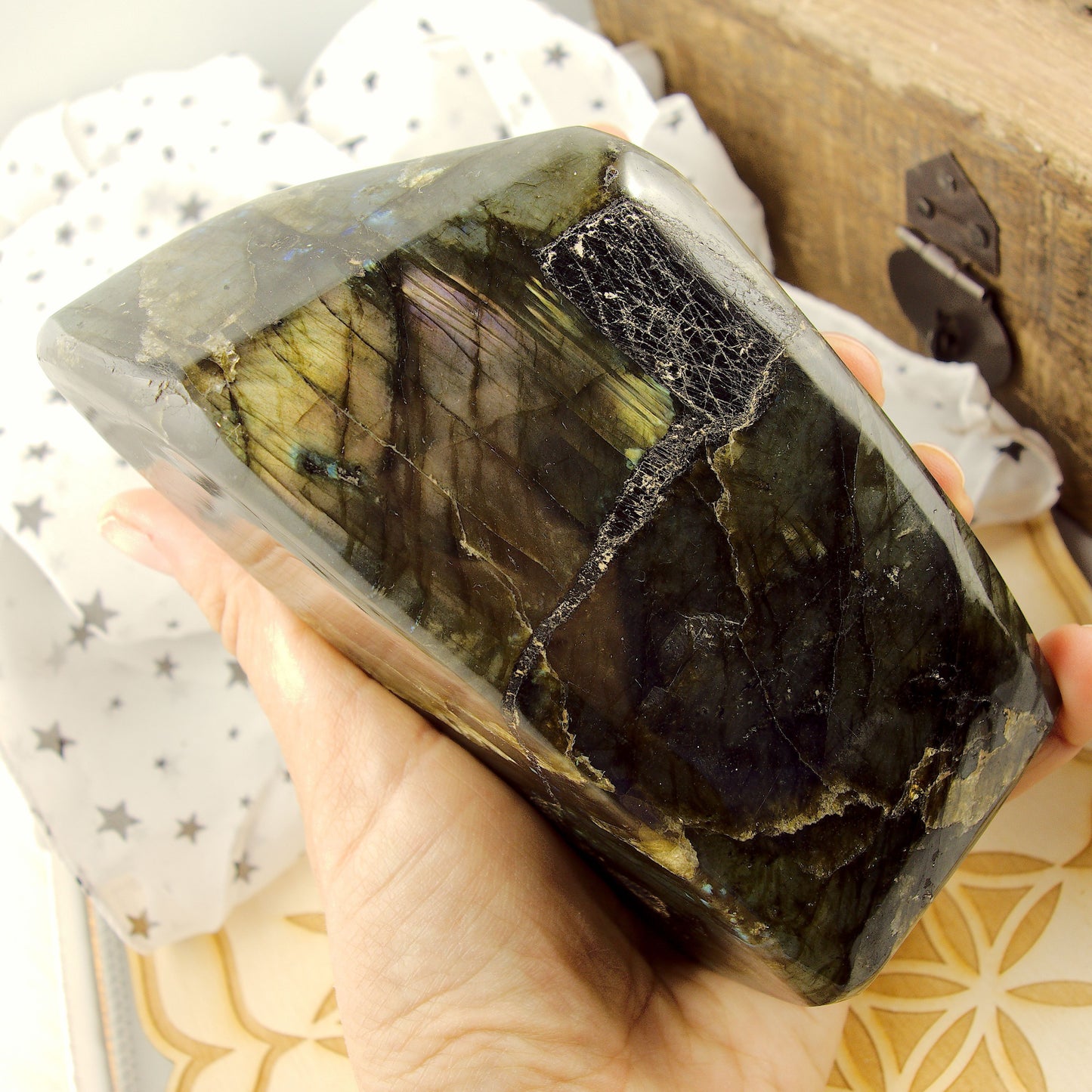 Flashy Sea Foam Green & Golden Flashes Large Labradorite Standing Display Specimen - Earth Family Crystals