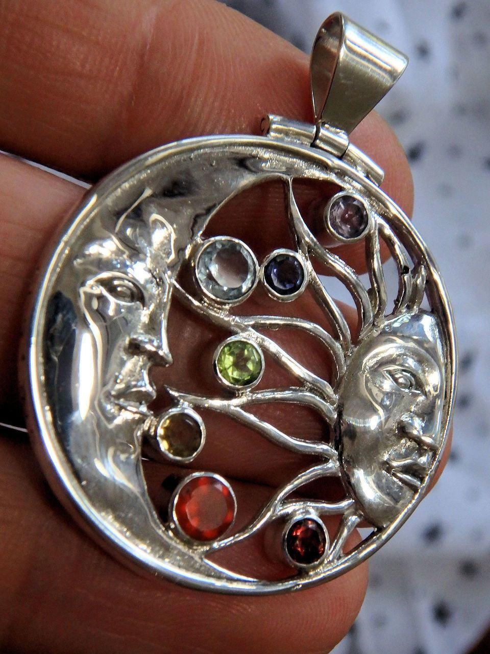  Amazing Moon & Sun 7 Faceted Stone Chakra Pendant in Sterling Silver (Includes Silver Chain)