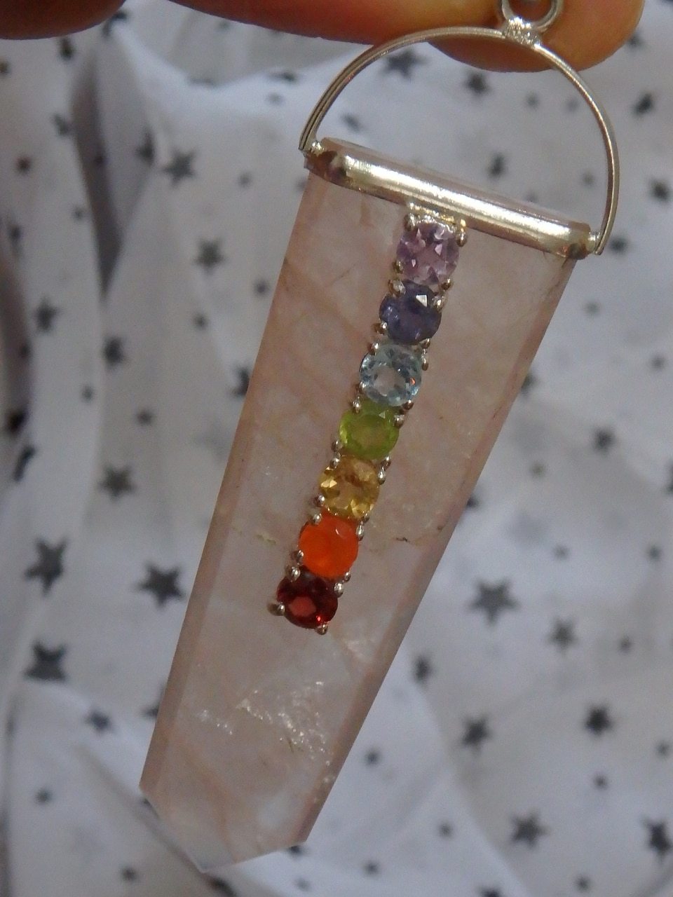 Heart Healing Rose Quartz & Faceted 7 Stone Chakra Pendant in Sterling Silver (Includes Silver Chain)1 - Earth Family Crystals