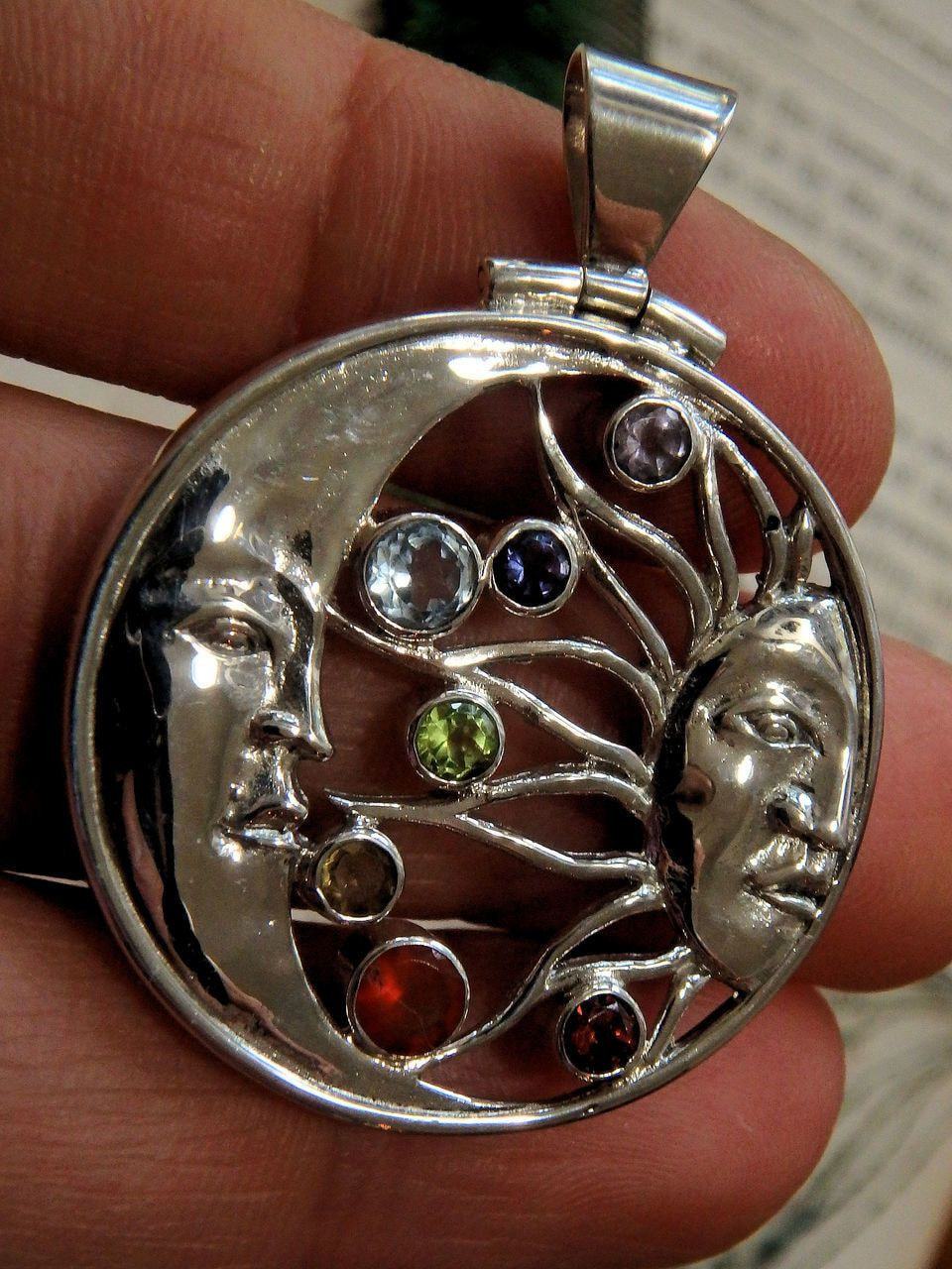  Amazing Moon & Sun 7 Faceted Stone Chakra Pendant in Sterling Silver (Includes Silver Chain)