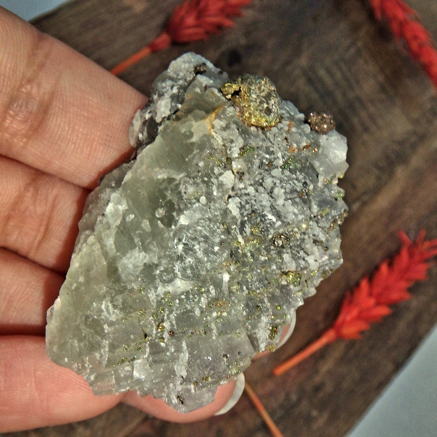 Dusting of Chalcopyrite Druzy On Green Fluorite Matrix