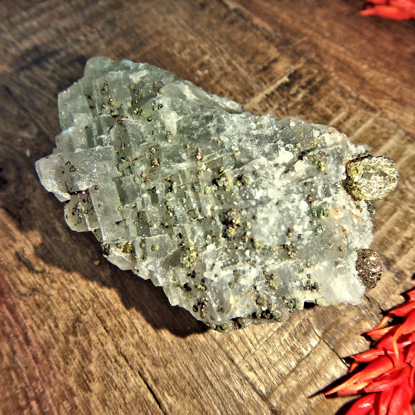  Dusting of Chalcopyrite Druzy On Green Fluorite Matrix