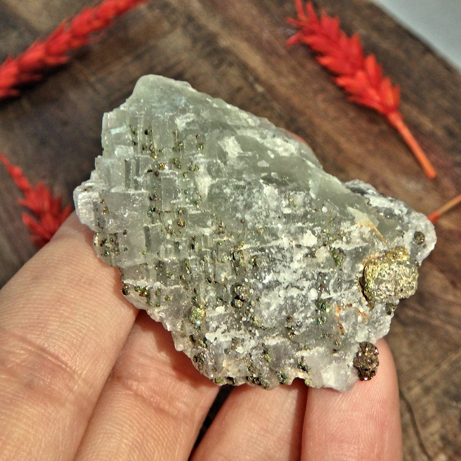  Dusting of Chalcopyrite Druzy On Green Fluorite Matrix