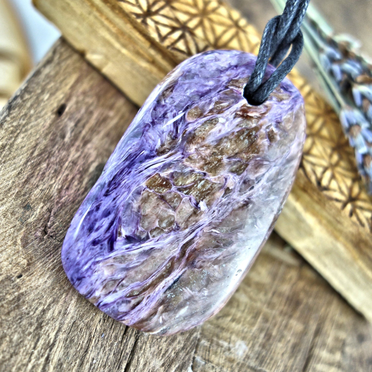  Chunky Silky Purple Charoite Pendant on Adjustable Cotton Cord 1
