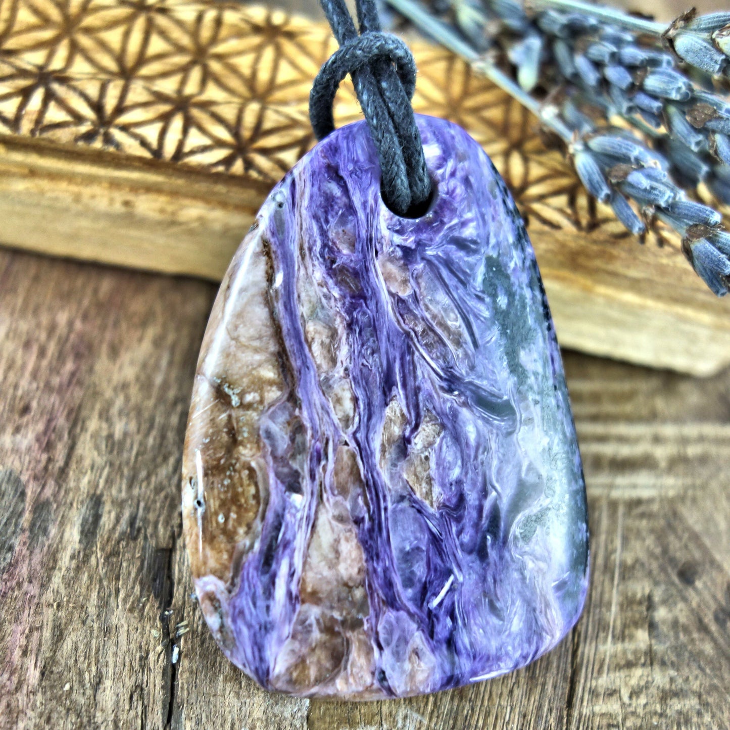  Chunky Silky Purple Charoite Pendant on Adjustable Cotton Cord 4