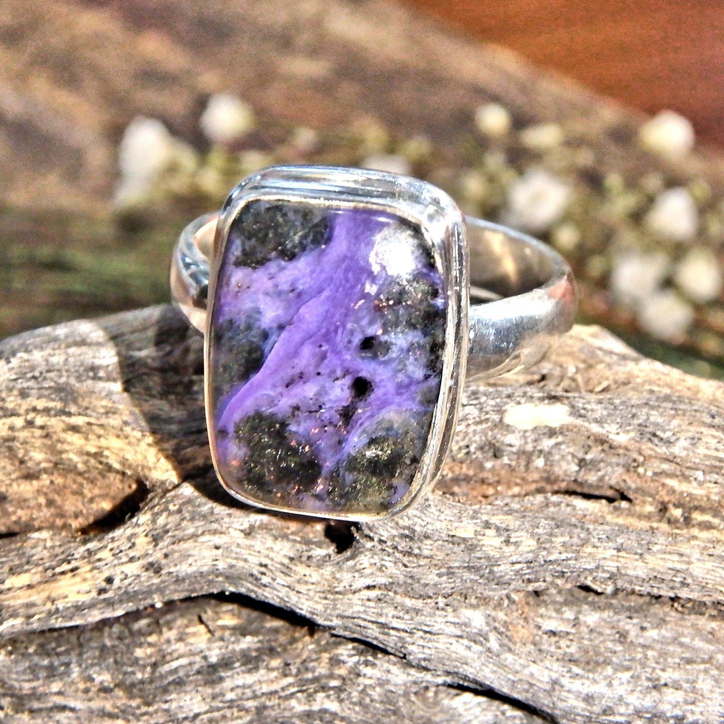  Deep Purple Charoite Swirls Gemstone Ring in Sterling Silver (Size 8)