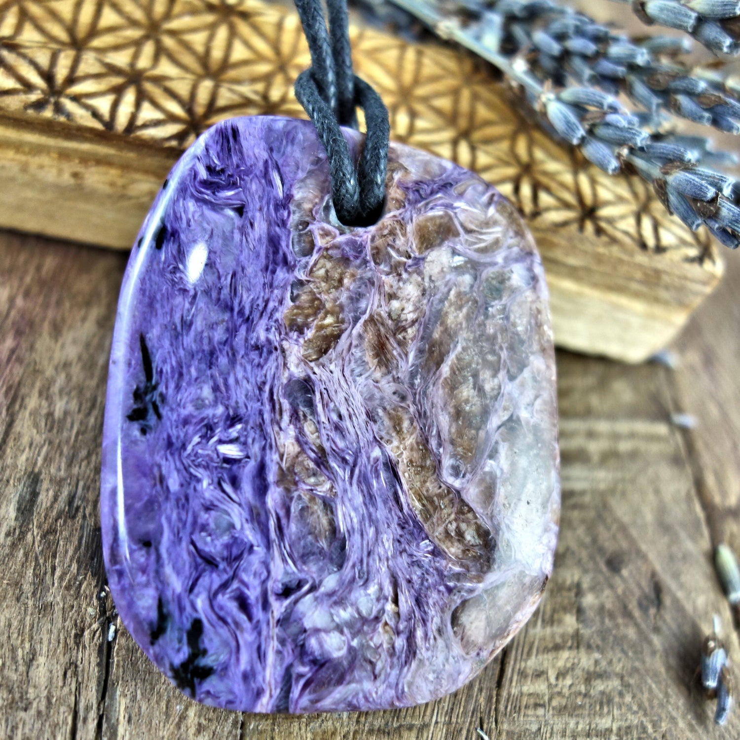  Chunky Silky Purple Charoite Pendant on Adjustable Cotton Cord 6