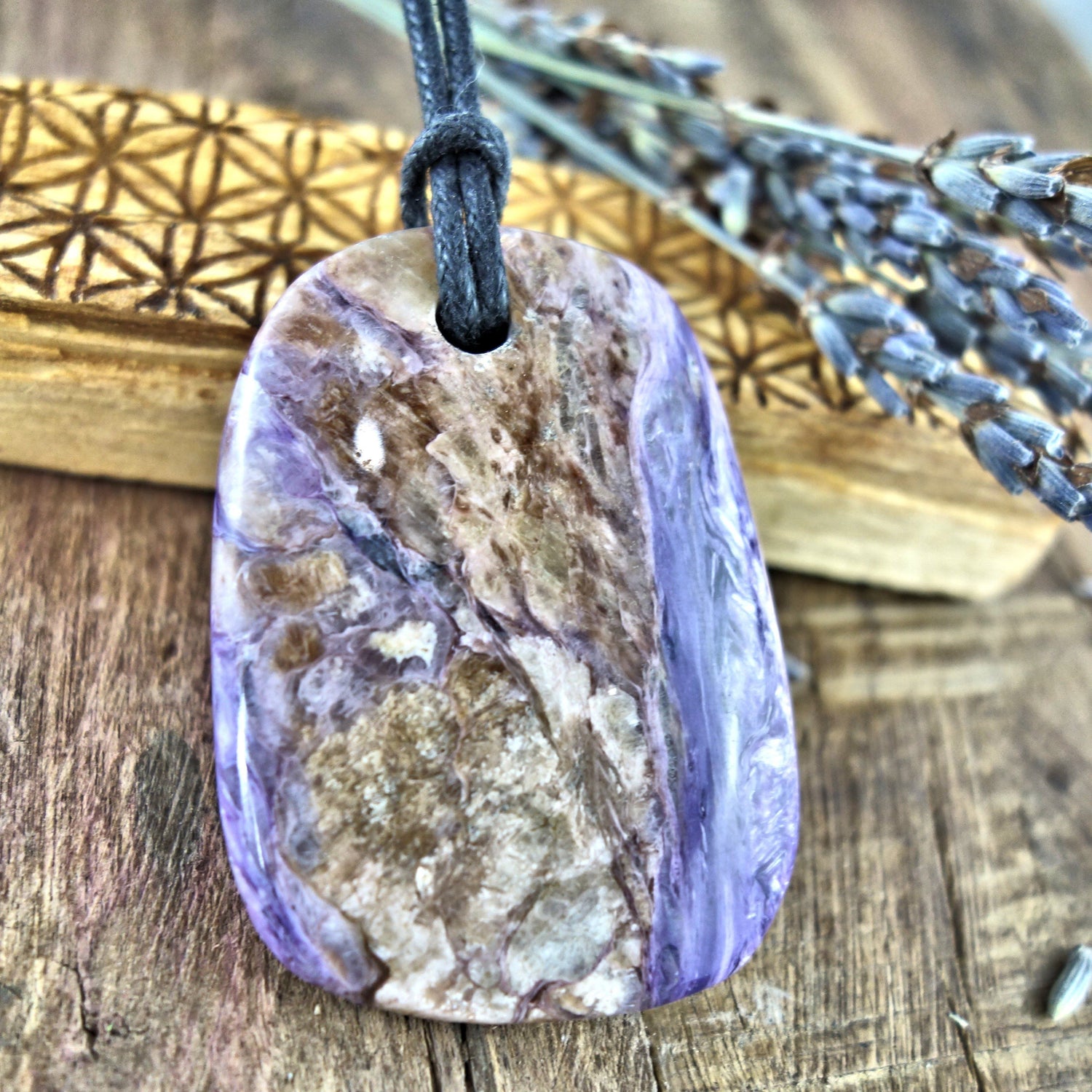  Chunky Silky Purple Charoite Pendant on Adjustable Cotton Cord 3