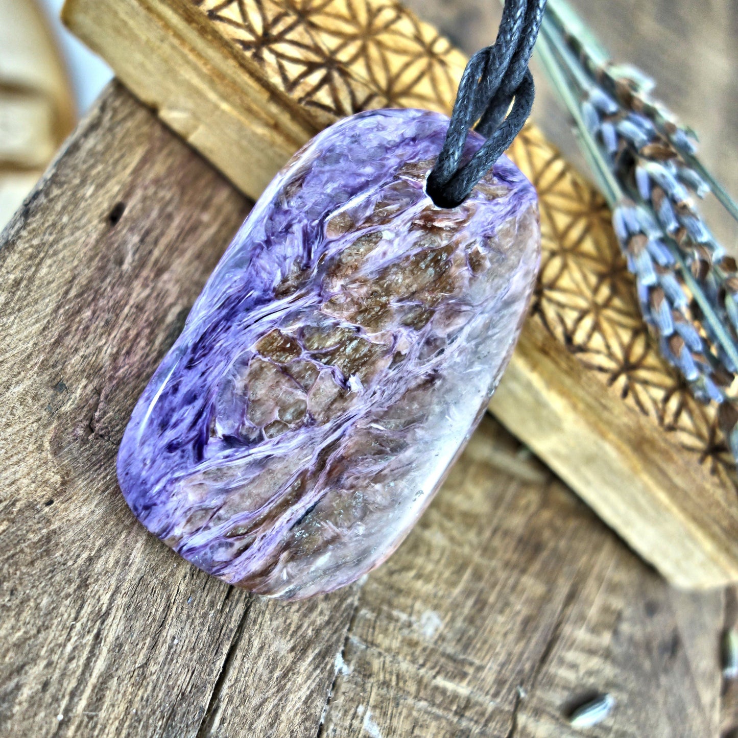  Chunky Silky Purple Charoite Pendant on Adjustable Cotton Cord 1