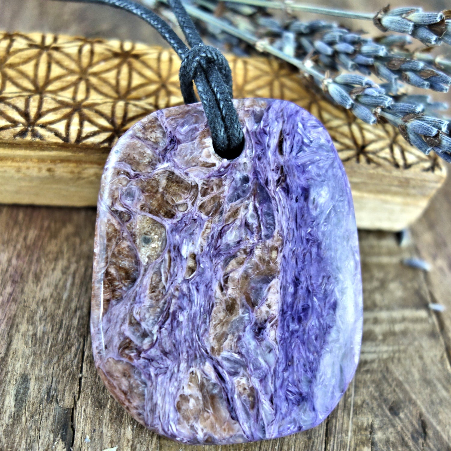  Chunky Silky Purple Charoite Pendant on Adjustable Cotton Cord 6