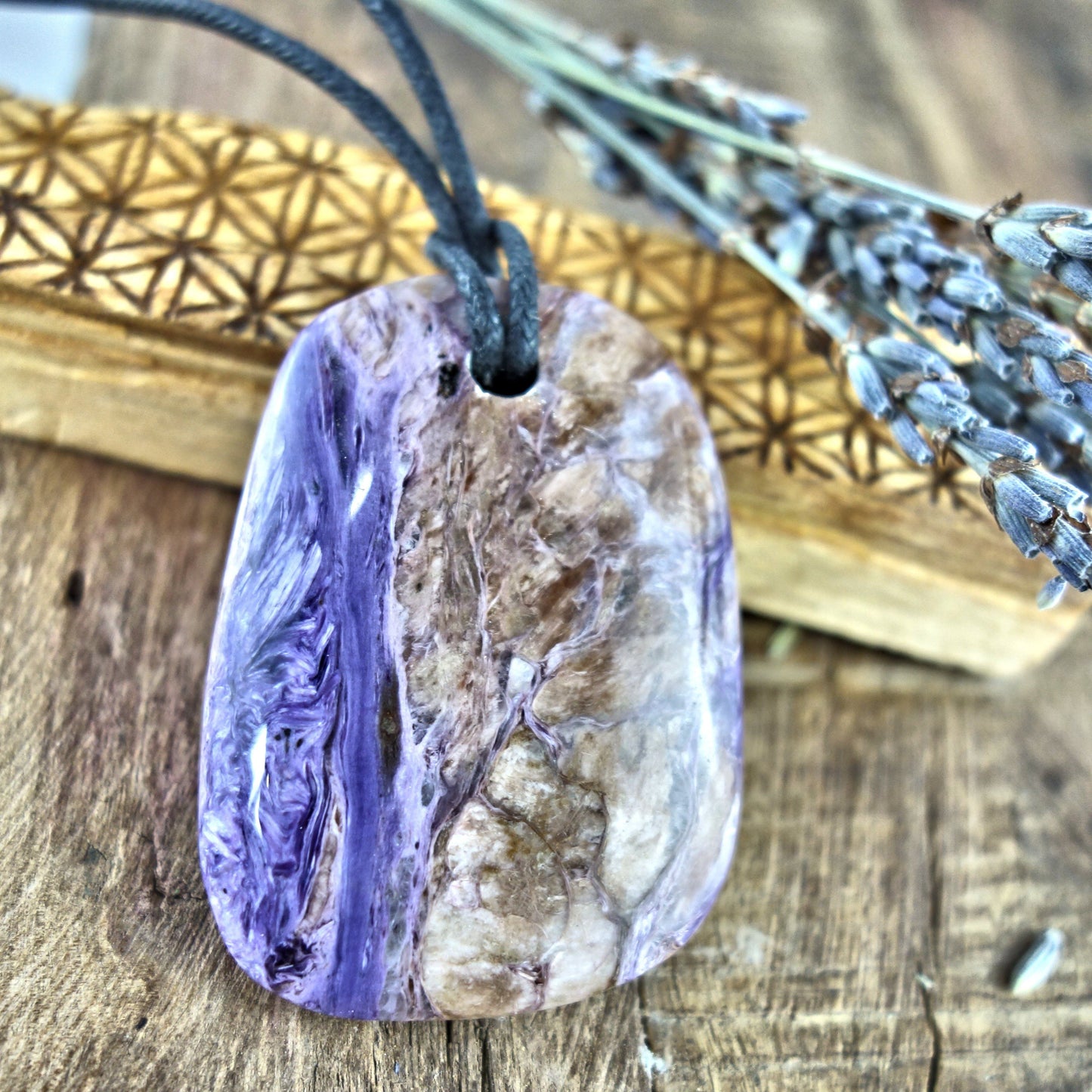  Chunky Silky Purple Charoite Pendant on Adjustable Cotton Cord 3