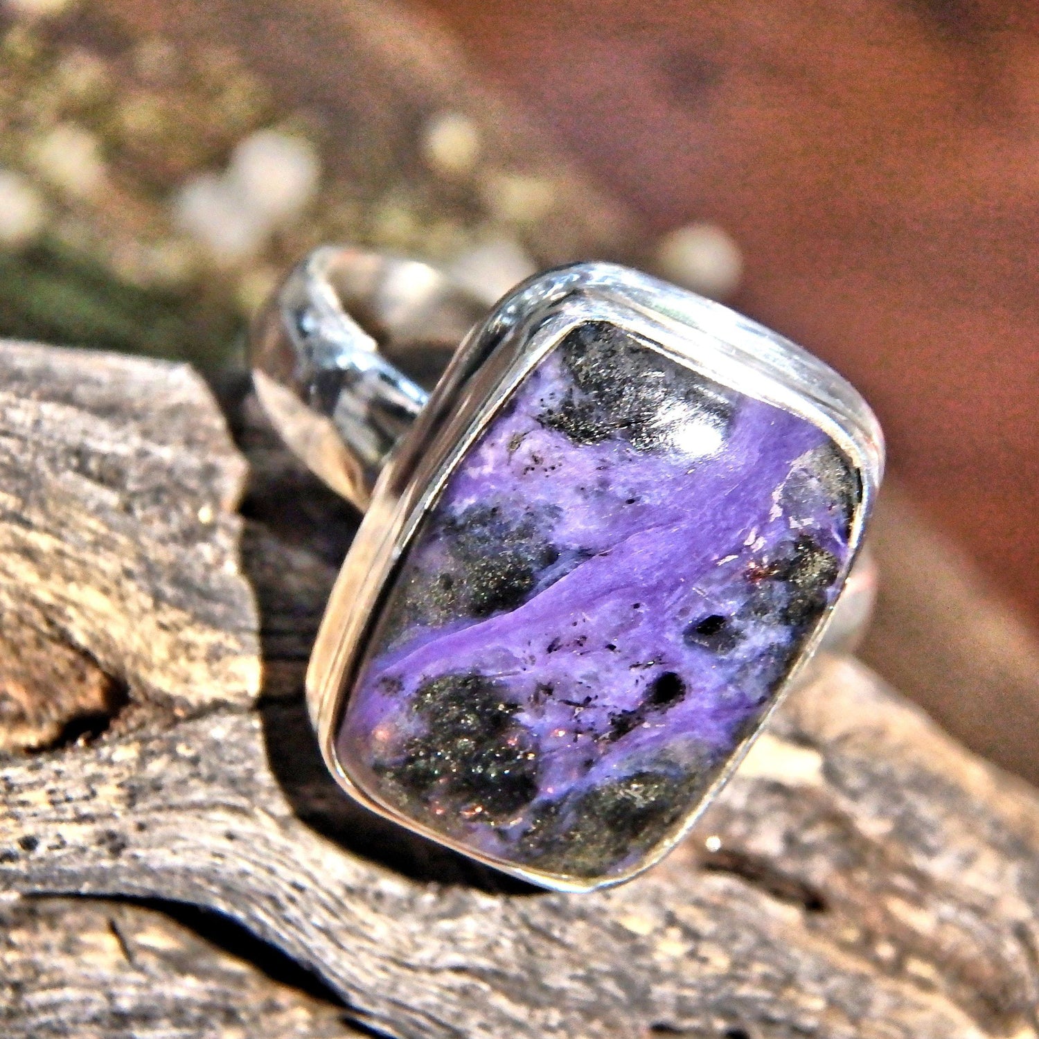  Deep Purple Charoite Swirls Gemstone Ring in Sterling Silver (Size 8)