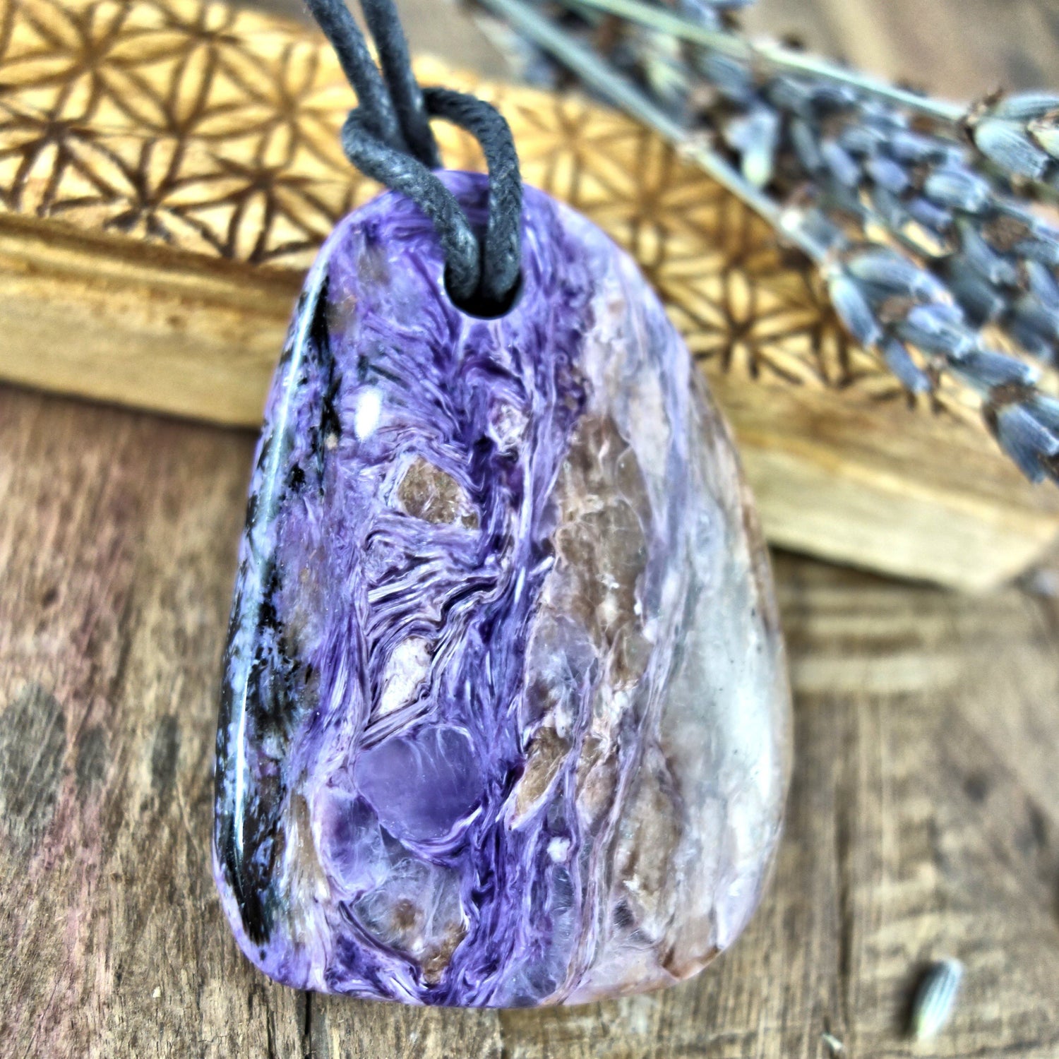  Chunky Silky Purple Charoite Pendant on Adjustable Cotton Cord 4