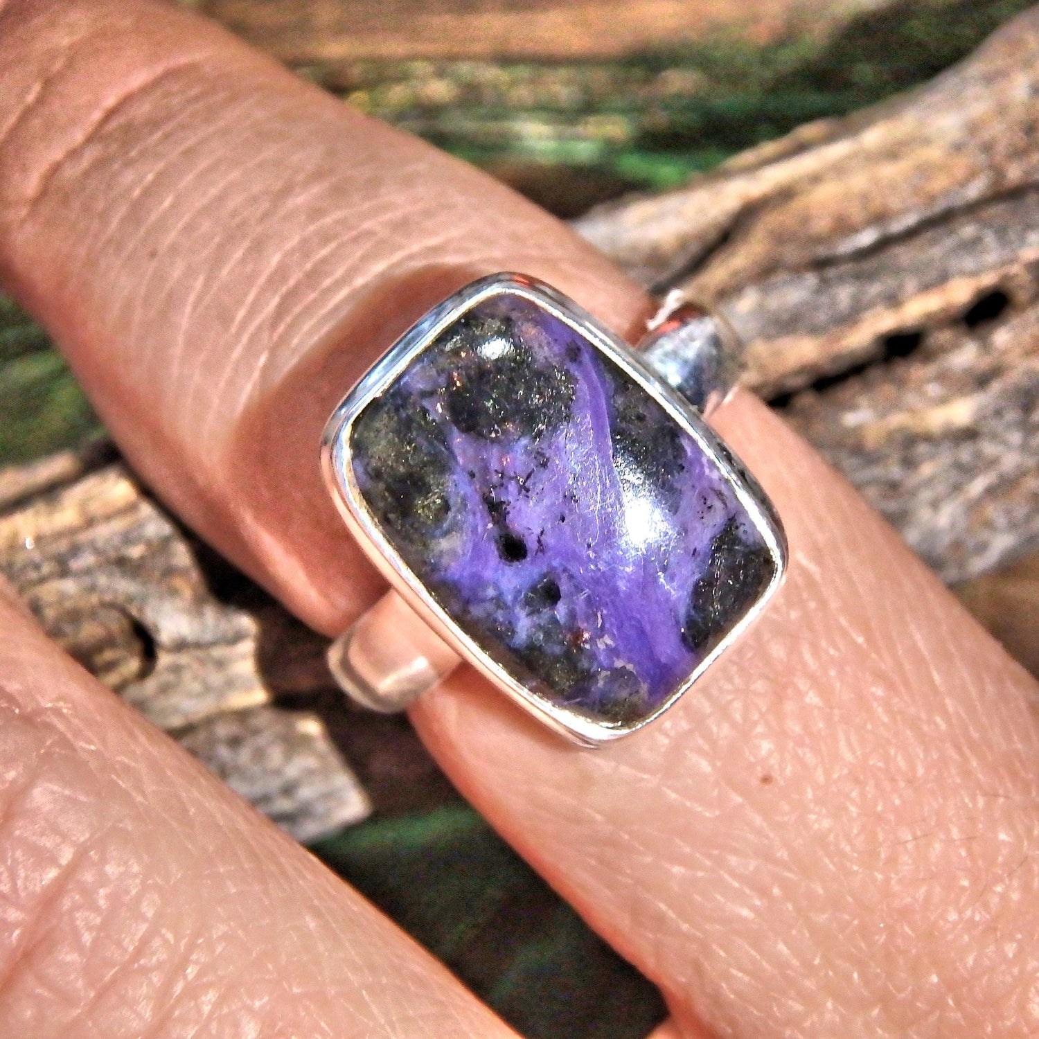 Deep Purple Charoite Swirls Gemstone Ring in Sterling Silver (Size 8)
