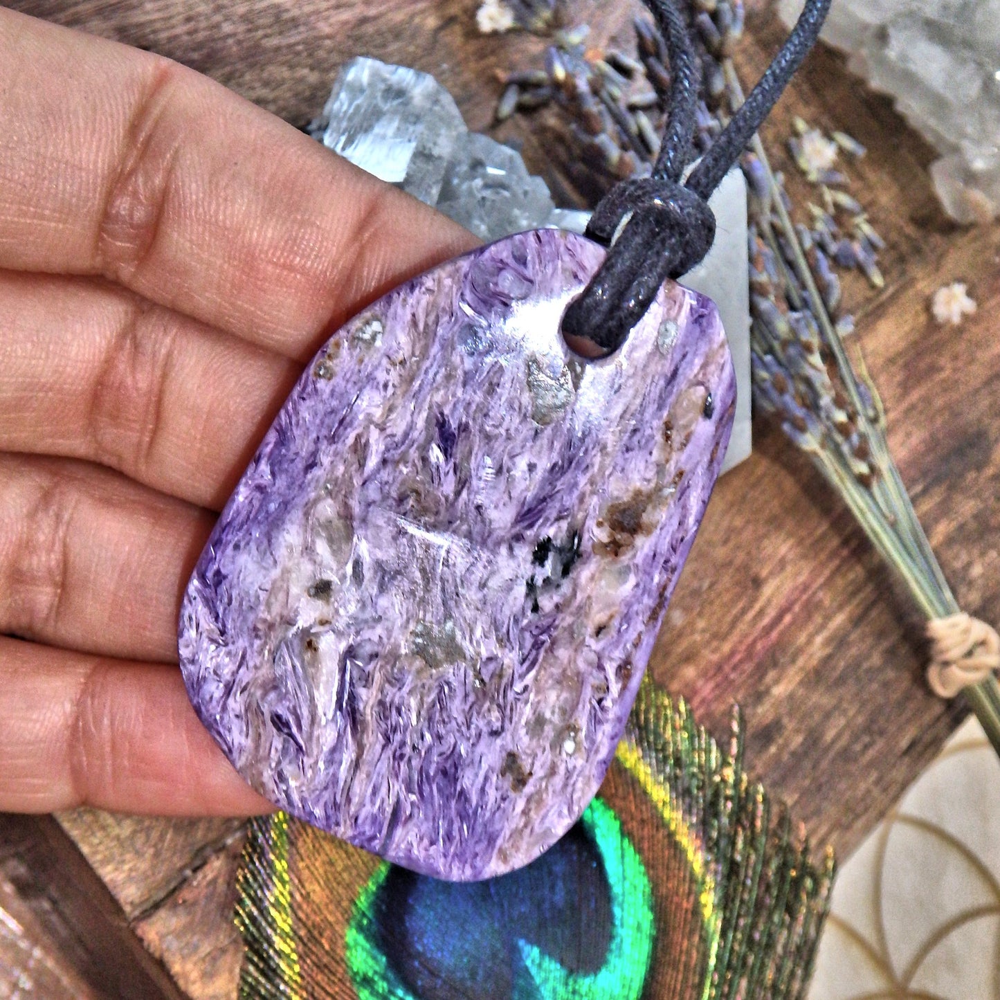 RESERVED For Kim.M-Purple Swirls Chunky Charoite Pendant on Adjustable Cotton Cord 3 - Earth Family Crystals