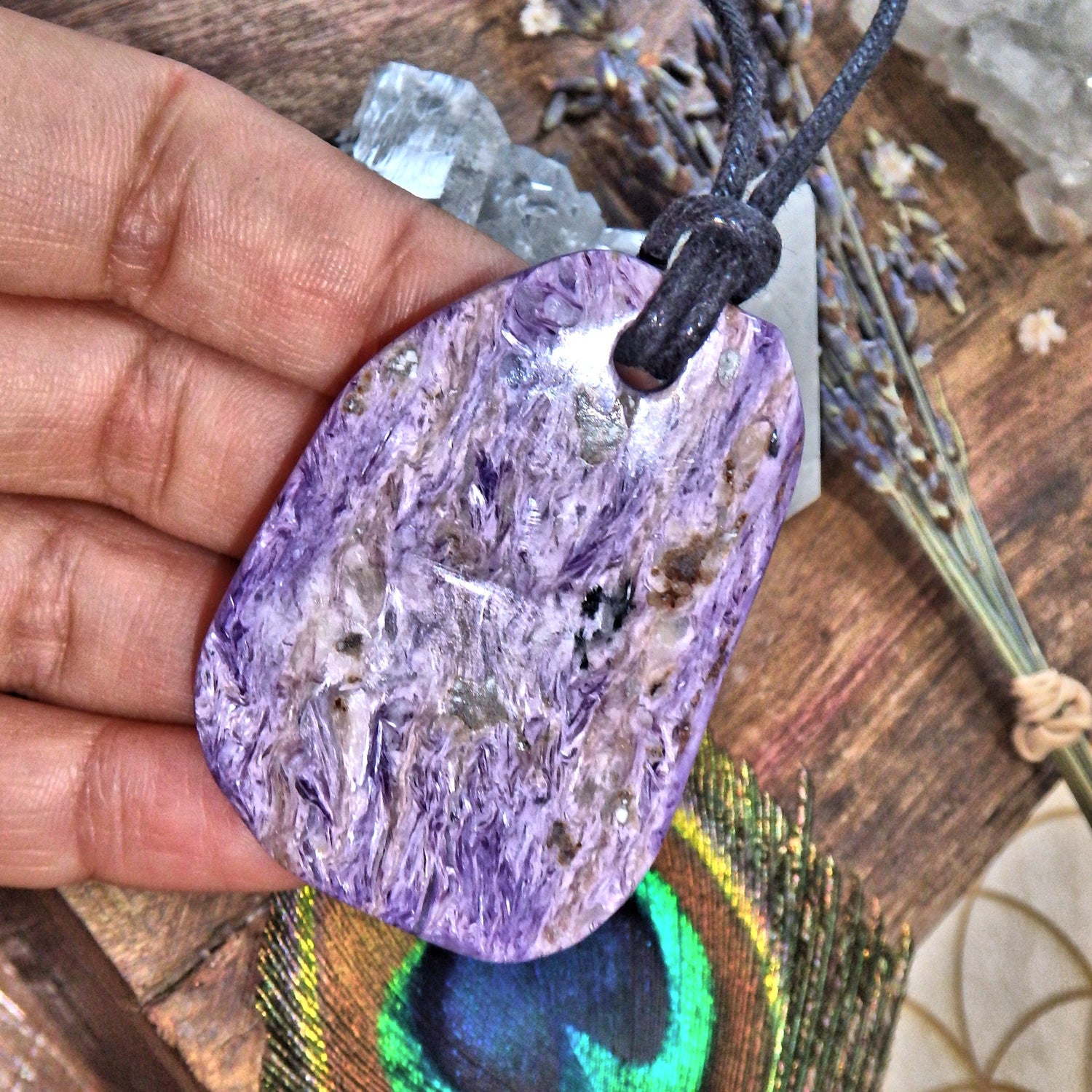 RESERVED For Kim.M-Purple Swirls Chunky Charoite Pendant on Adjustable Cotton Cord 3 - Earth Family Crystals
