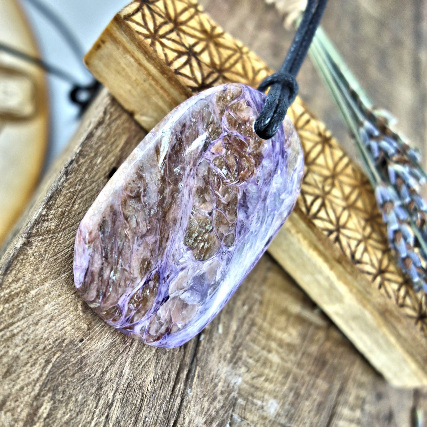  Chunky Silky Purple Charoite Pendant on Adjustable Cotton Cord 1