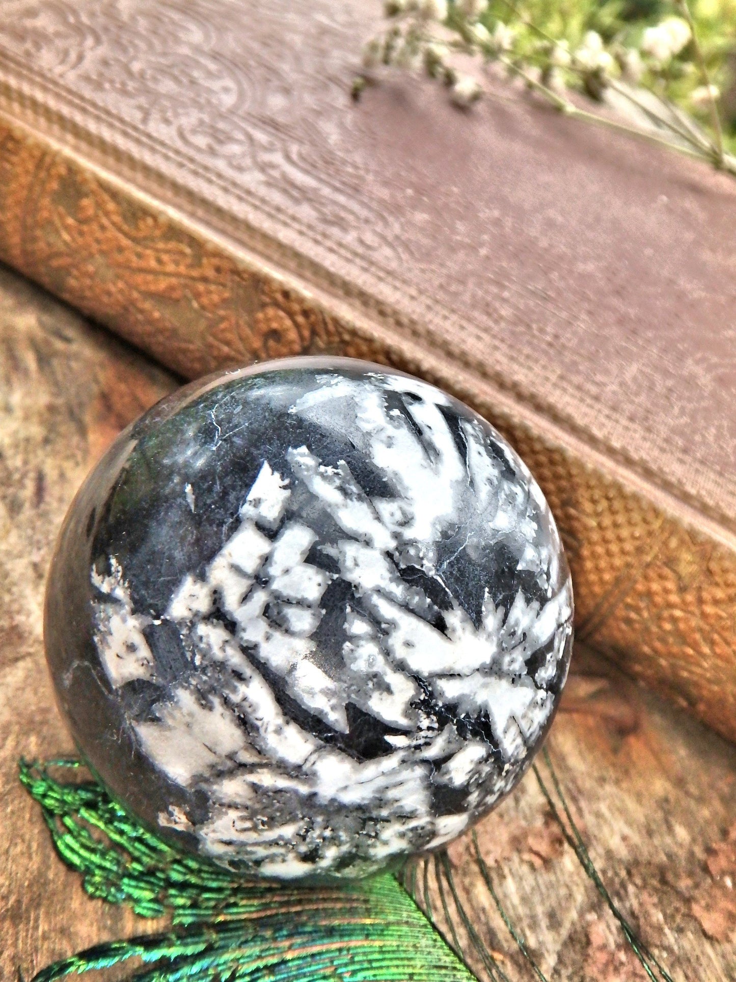  Creamy White Patterns Chrysanthemum Stone Sphere Carving1