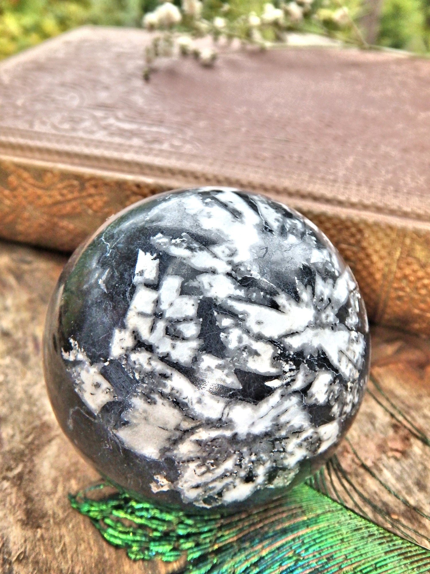  Creamy White Patterns Chrysanthemum Stone Sphere Carving1